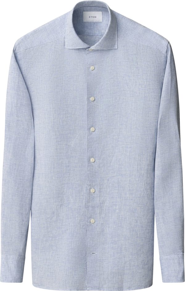Slim Fit Light Blue Solid Plain Weave Linen Shirt