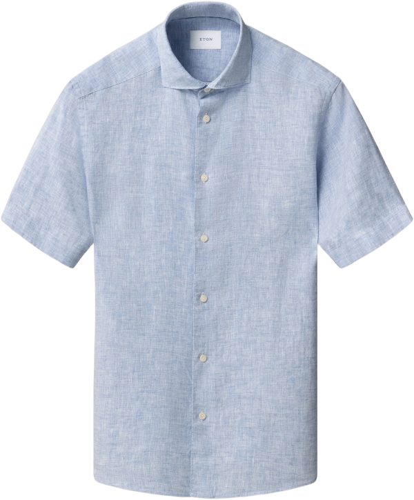 Regular Fit Light Blue Solid Short Sleeve Linen Shirt
